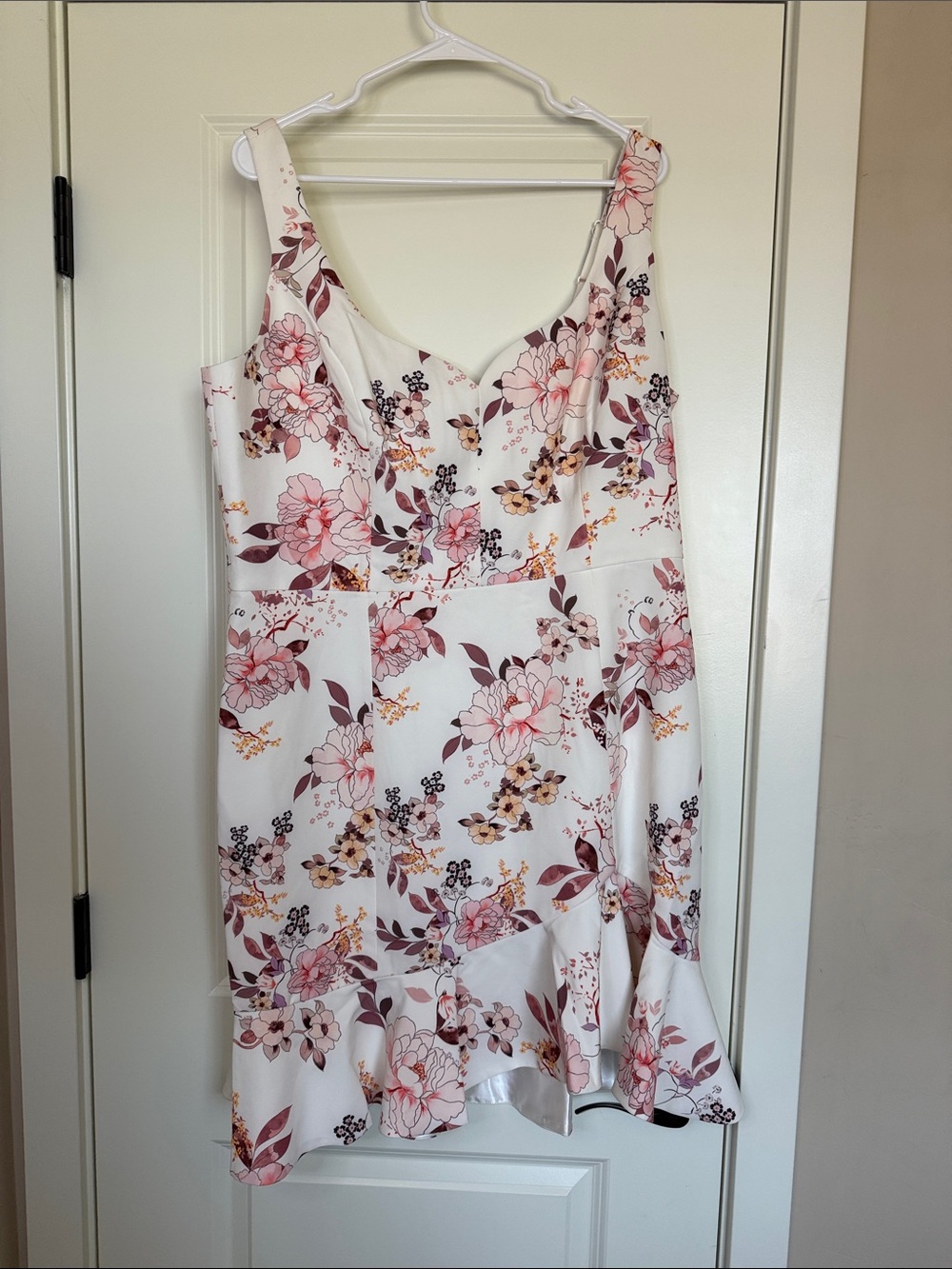 City Chic | White Mini Dress with Pink Floral Print | Size 16